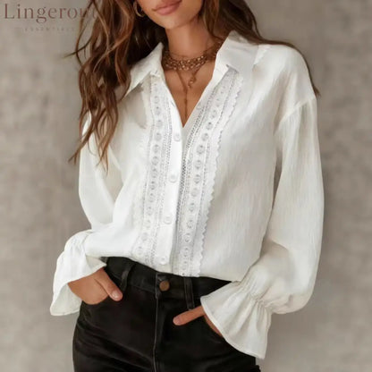 Cross-Border Amazon Hot Sale 2026 Women’S Solid Color Lapel Single-Breasted Lace Splicing Long-Sleeved Solid Color