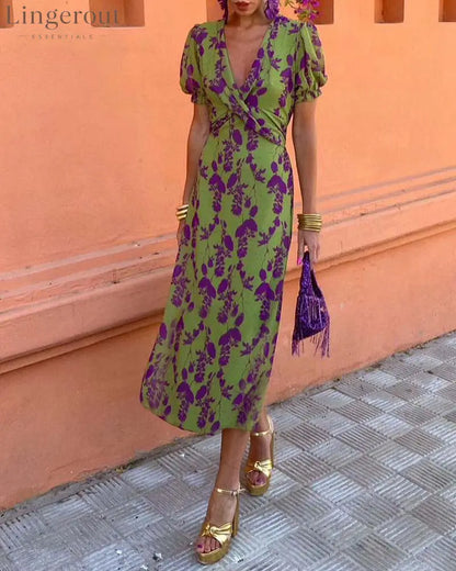 Elegant leaf print deep V puff sleeve A-line dress