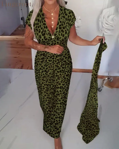 Elegant Leopard Print V-Neck Dress