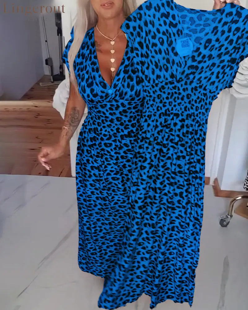 Elegant Leopard Print V-Neck Dress - Blue / S