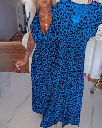 Elegant Leopard Print V-Neck Dress - Blue / S