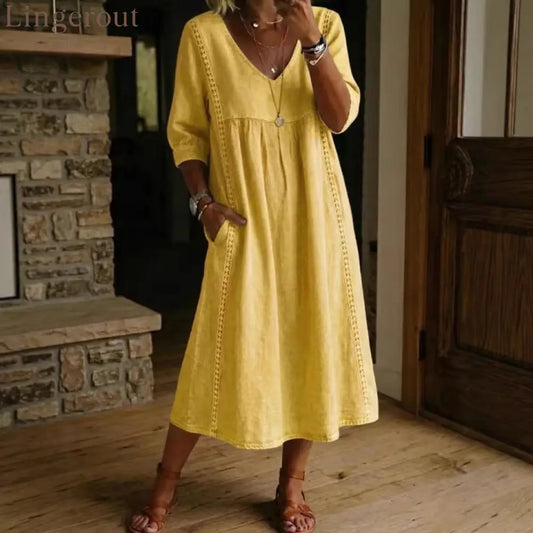 Elegant Linen-Blend V-Neck Midi Dress with Lace Inserts & Pockets | Casual Summer Dress for Women