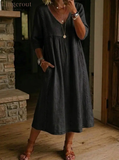 Elegant Linen-Blend V-Neck Midi Dress with Lace Inserts & Pockets | Casual Summer Dress for Women - Black / S