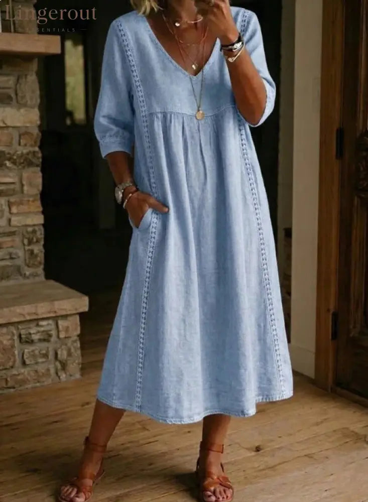Elegant Linen-Blend V-Neck Midi Dress with Lace Inserts & Pockets | Casual Summer Dress for Women - Light blue / S