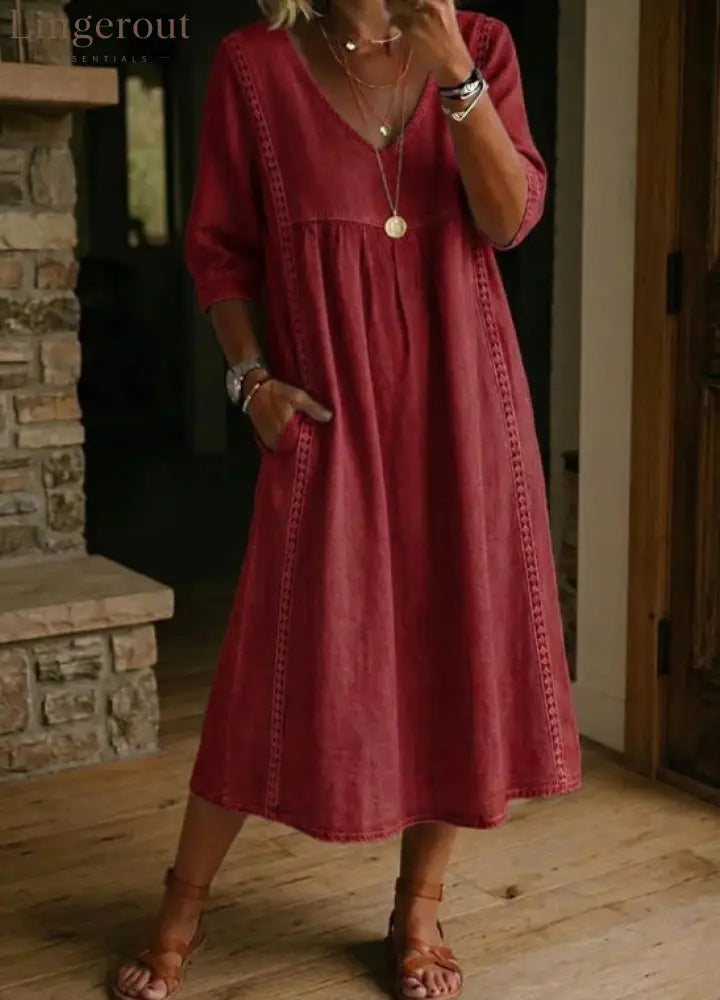 Elegant Linen-Blend V-Neck Midi Dress with Lace Inserts & Pockets | Casual Summer Dress for Women - Red / S
