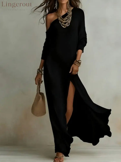Elegant Long-Sleeved Knitted Pleated Slit Women’S Dress - Black / S