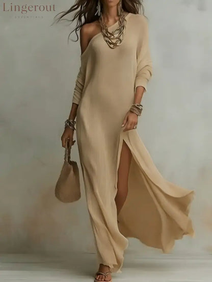 Elegant Long-Sleeved Knitted Pleated Slit Women’S Dress - Khaki / S