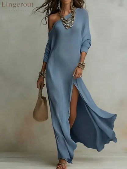 Elegant Long-Sleeved Knitted Pleated Slit Women’S Dress - Peacock blue / S