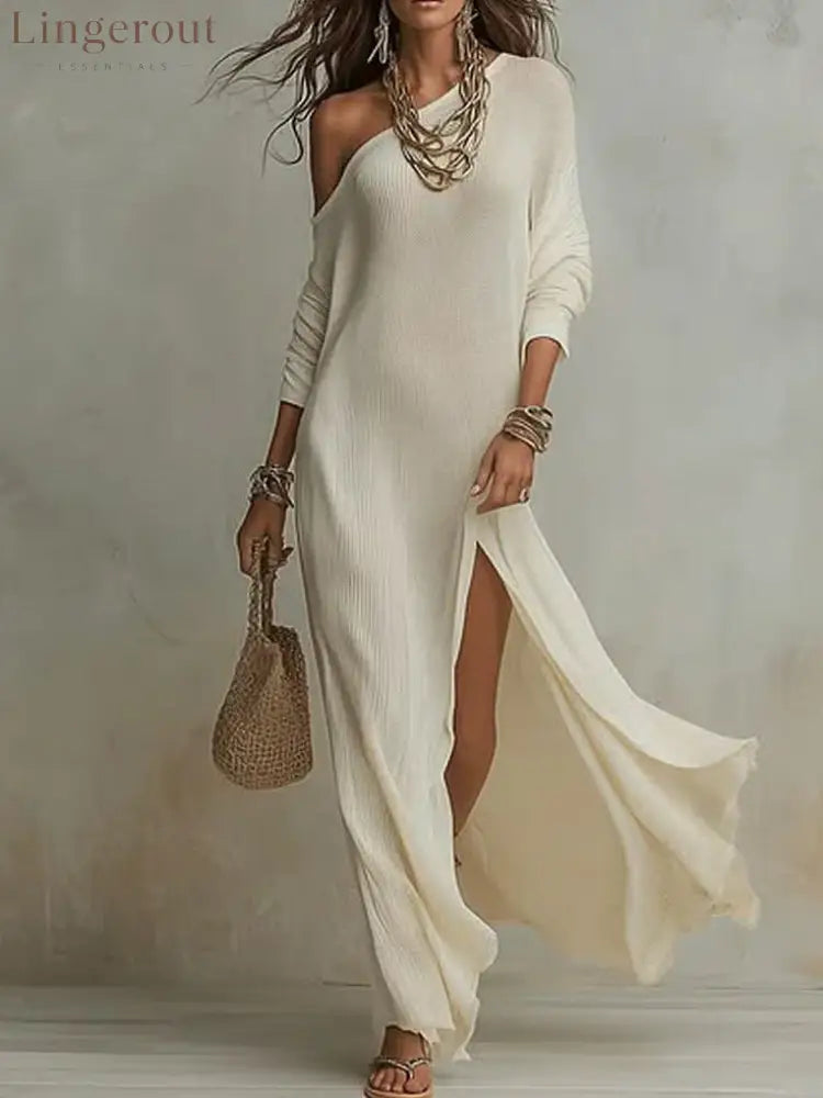 Elegant Long-Sleeved Knitted Pleated Slit Women’S Dress - White / S