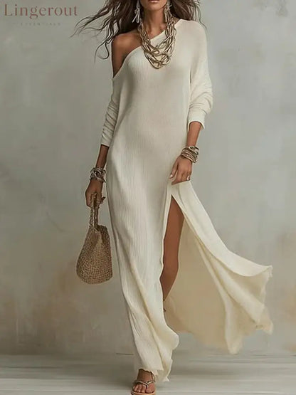 Elegant Long-Sleeved Knitted Pleated Slit Women’S Dress - White / S