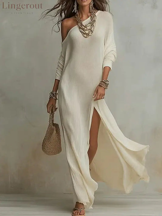 Elegant Long-Sleeved Knitted Pleated Slit Women’S Dress - White / S