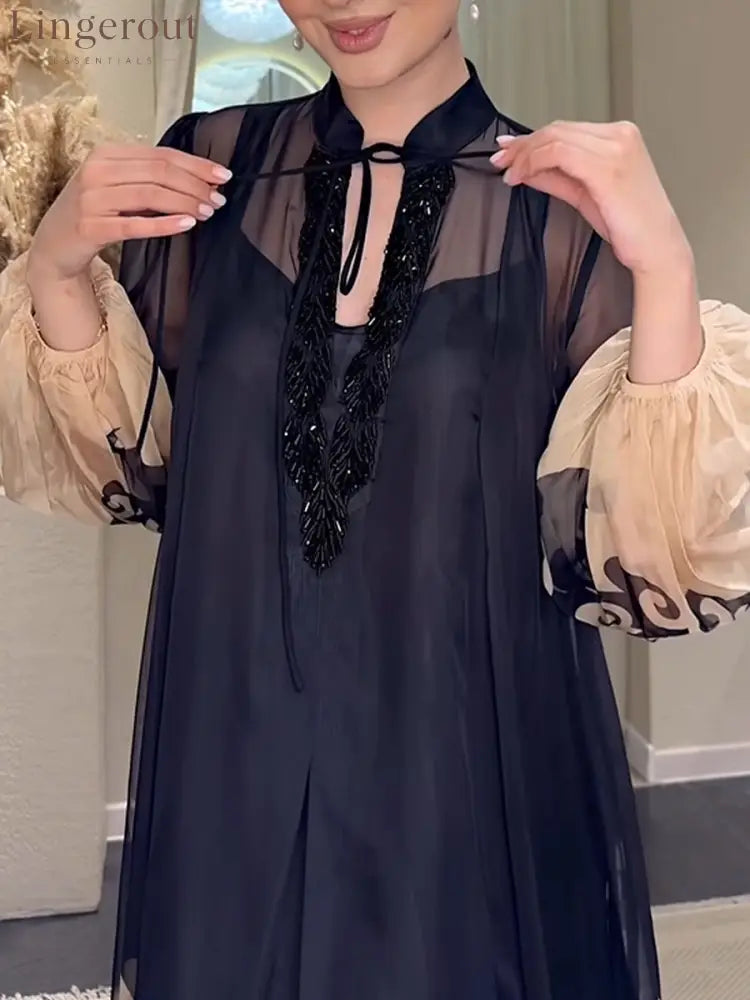 Elegant Loose And Comfortable Two-piece Set Featuring A Printed Chiffon Camisole Dress And A Long-sleeved Dress.