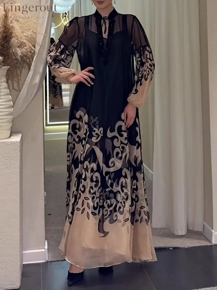 Elegant Loose And Comfortable Two-piece Set Featuring A Printed Chiffon Camisole Dress And A Long-sleeved Dress.