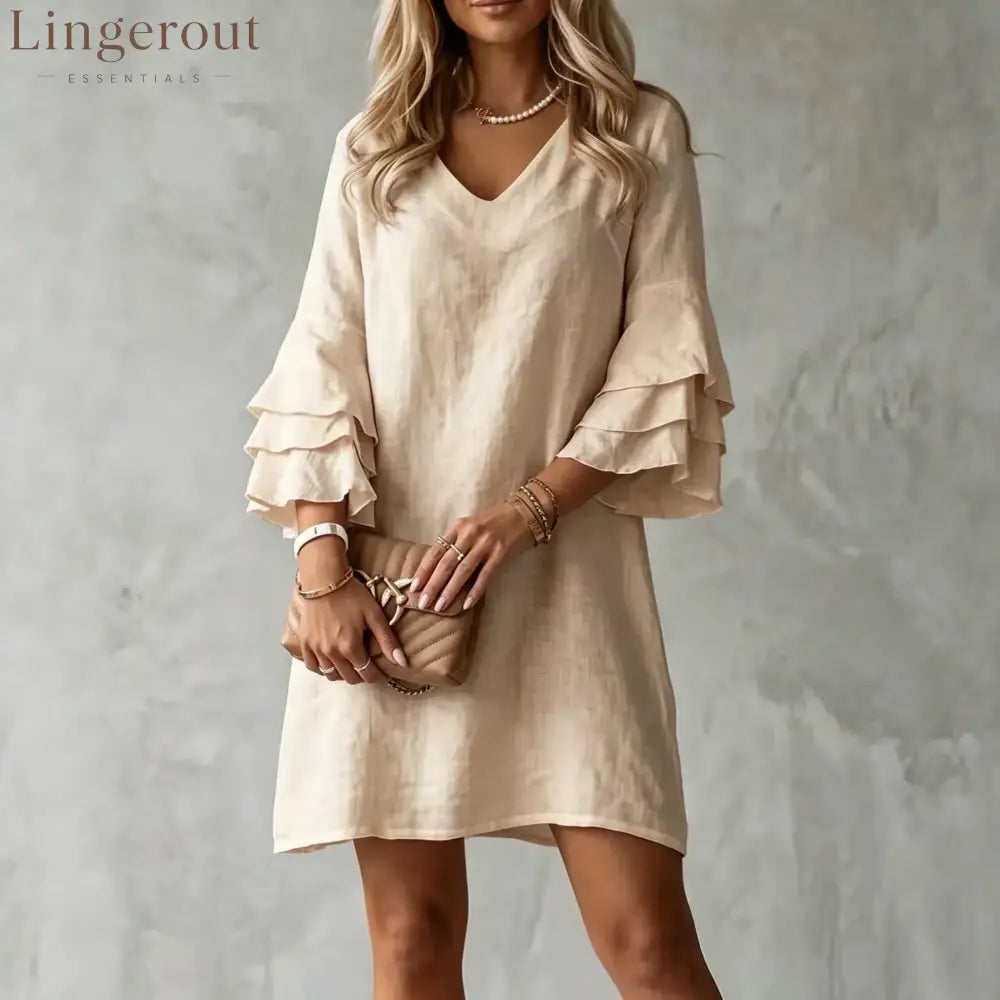 Elegant Mini Dress for Women with V Neck Ruffle Plus Size Flowy Casual Style - Beige / S