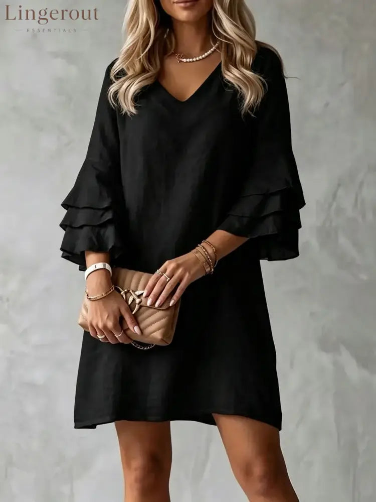 Elegant Mini Dress for Women with V Neck Ruffle Plus Size Flowy Casual Style - Black / S