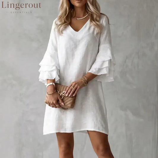 Elegant Mini Dress for Women with V Neck Ruffle Plus Size Flowy Casual Style - White / S