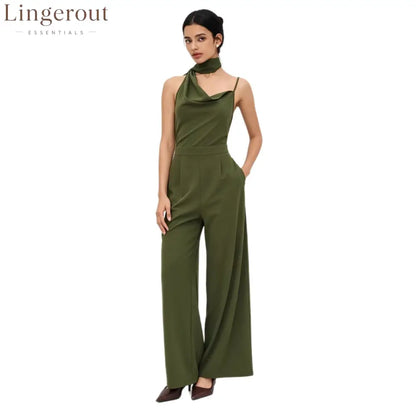 Elegant Olive Green Halter Wide-Leg Jumpsuit