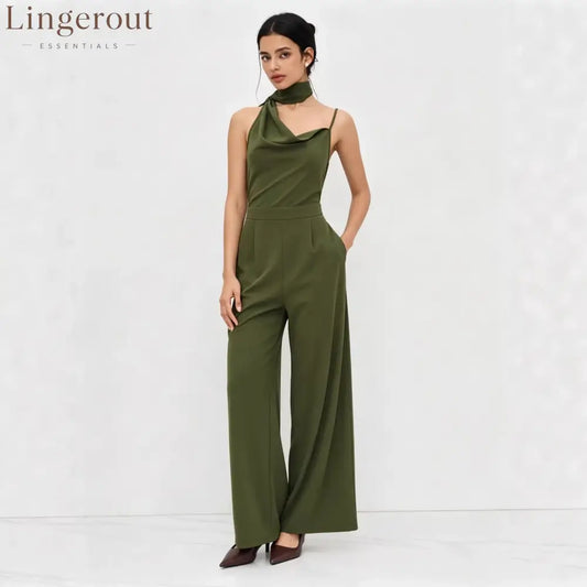 Elegant Olive Green Halter Wide-Leg Jumpsuit - Green / S