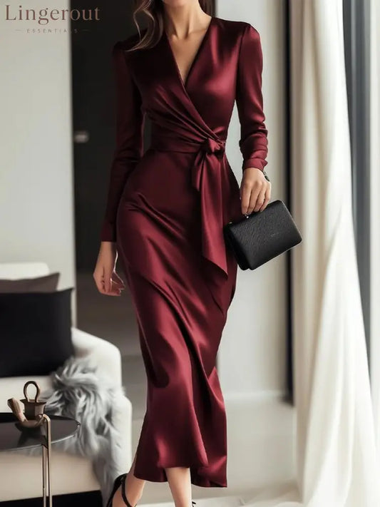 Elegant Plain Cross Neck Midi Dress With Belt - Red / S(4-6)