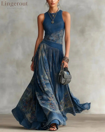 Elegant Retro Printed Sleeveless Tank Top Dress - Blue / XS - Long Sleeve Mini Dress