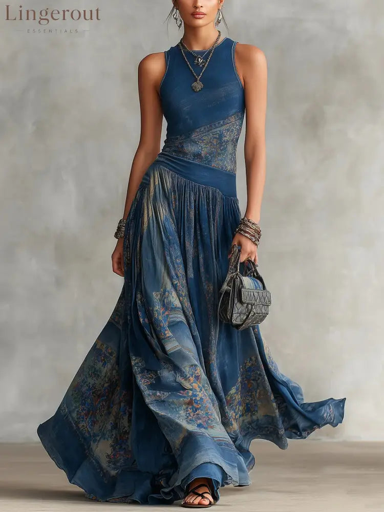 Elegant Retro Printed Sleeveless Tank Top Dress - Long Sleeve Mini Dress