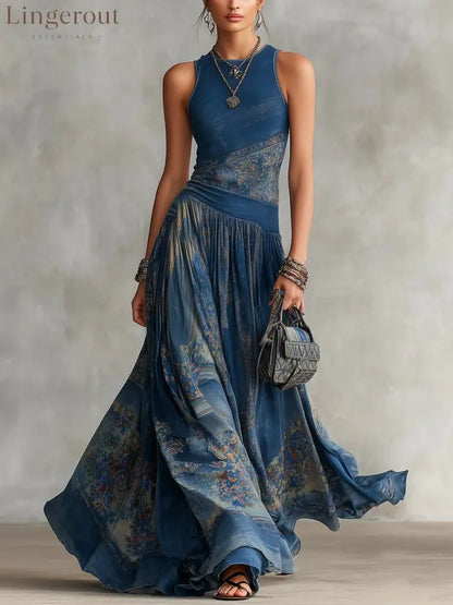Elegant Retro Printed Sleeveless Tank Top Dress - Long Sleeve Mini Dress