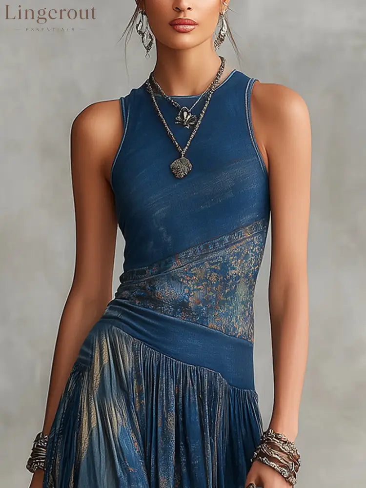Elegant Retro Printed Sleeveless Tank Top Dress - Long Sleeve Mini Dress