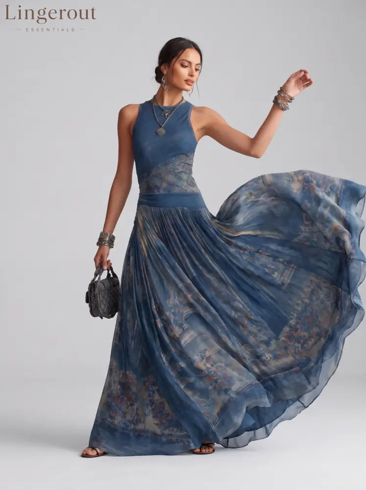 Elegant Retro Printed Sleeveless Tank Top Dress - Long Sleeve Mini Dress