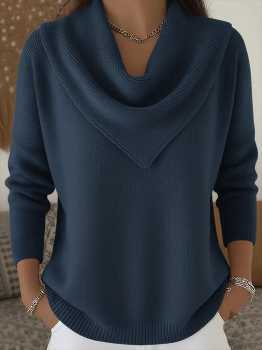 Elegant Retro Soft Triangle Neck Solid Color Sweater Top - Navy / XS(US 2)