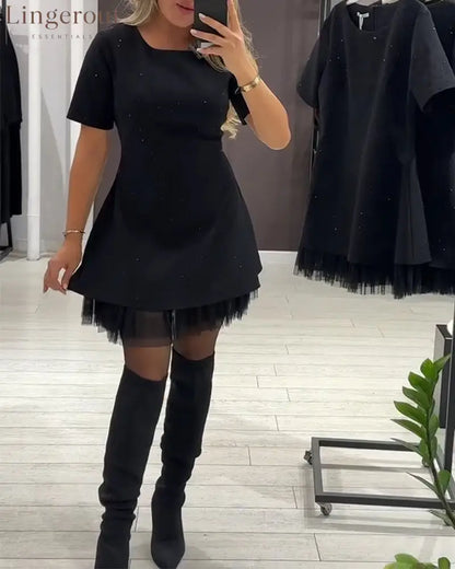 Elegant Shimmering Mesh Patchwork Dress - Black / S
