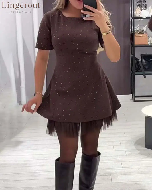Elegant Shimmering Mesh Patchwork Dress - Brown / S