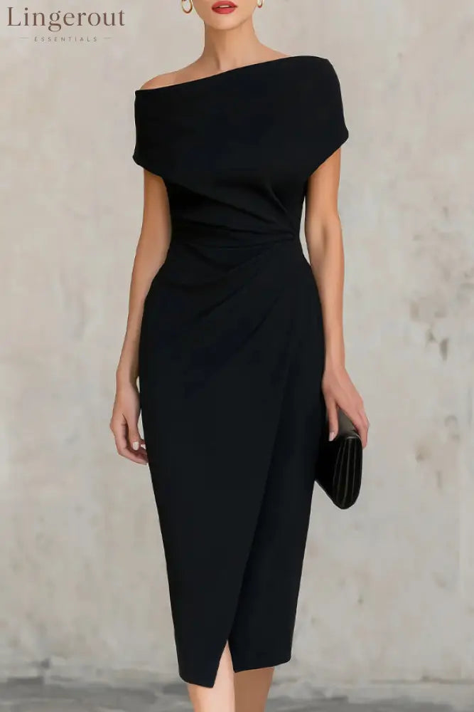 Elegant Short-sleeved Slim-fit Pleated Midi Dress - Black / S(4-6) - Midi Dresses