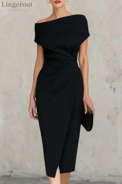 Elegant Short-sleeved Slim-fit Pleated Midi Dress - Black / S(4-6) - Midi Dresses