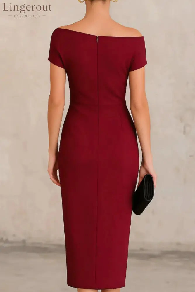 Elegant Short-sleeved Slim-fit Pleated Midi Dress - Burgundy / S(4-6) - Midi Dresses