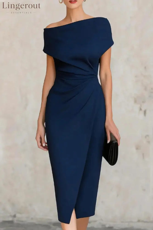 Elegant Short-sleeved Slim-fit Pleated Midi Dress - Navy / S(4-6) - Midi Dresses