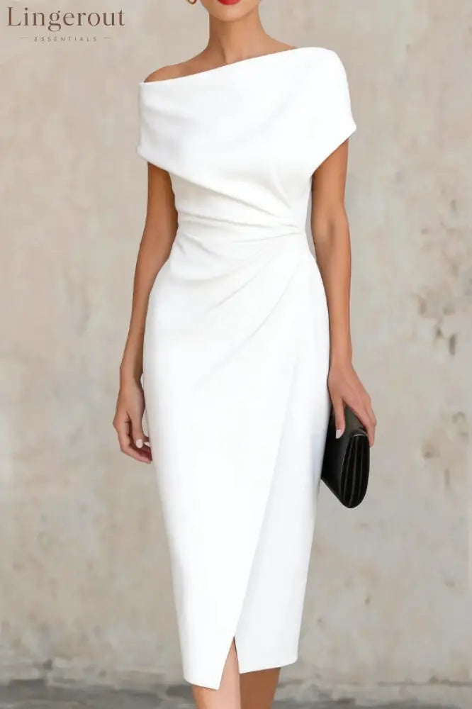 Elegant Short-sleeved Slim-fit Pleated Midi Dress - White / S(4-6) - Midi Dresses