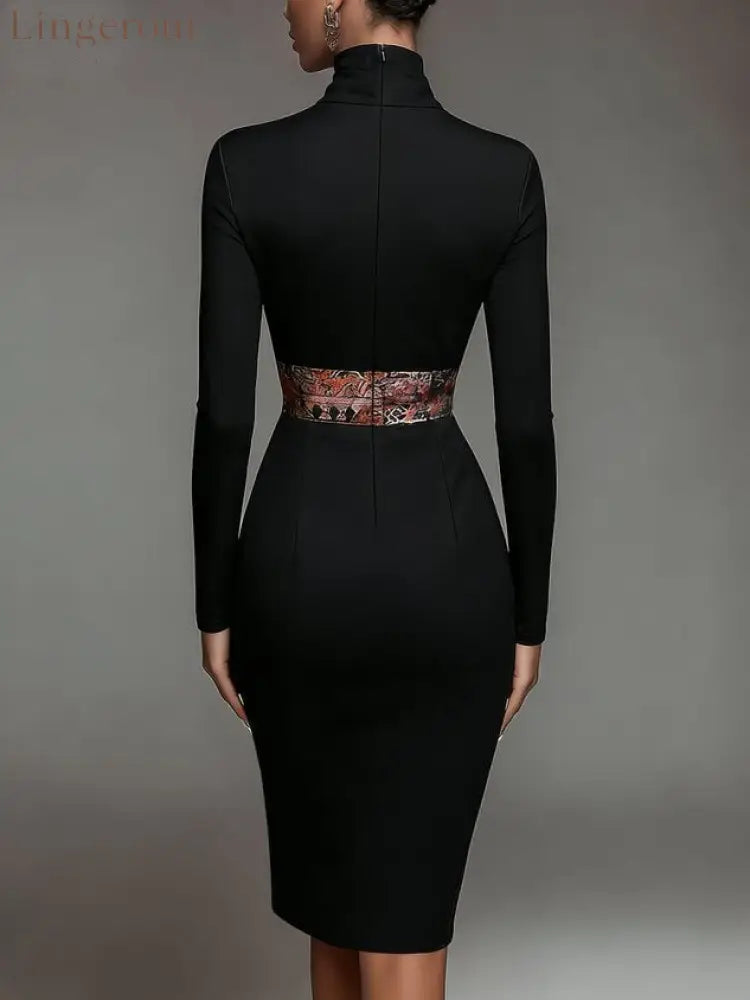 Elegant Stand Collar Jersey Midi Dress Long Sleeve