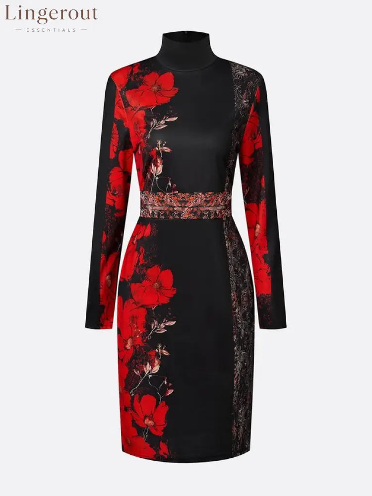 Elegant Stand Collar Jersey Midi Dress Long Sleeve