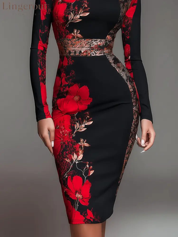Elegant Stand Collar Jersey Midi Dress Long Sleeve