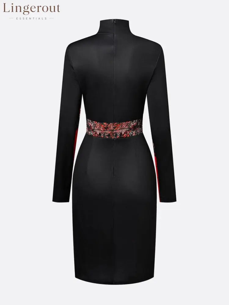 Elegant Stand Collar Jersey Midi Dress Long Sleeve