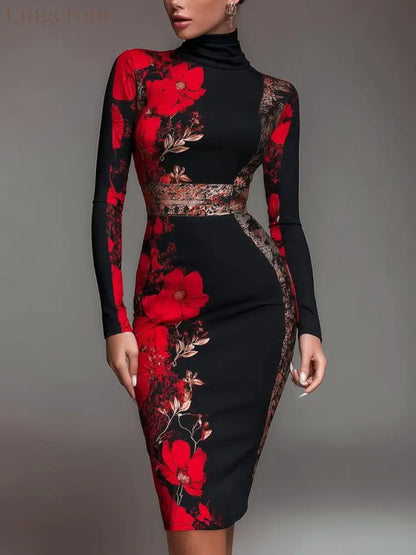 Elegant Stand Collar Jersey Midi Dress Long Sleeve - Red / S