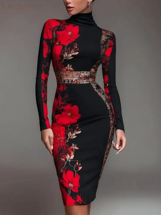 Elegant Stand Collar Jersey Midi Dress Long Sleeve - Red / S