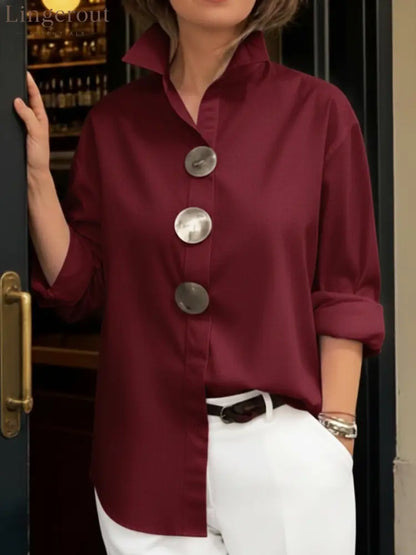 Elegant Stand-collar Metal Buttons Cotton Linen Blouse - Burgundy / S