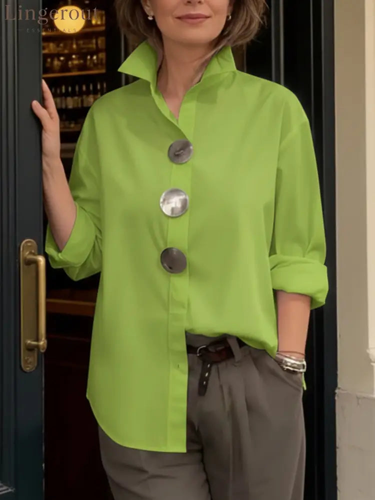 Elegant Stand-collar Metal Buttons Cotton Linen Blouse - Green / S