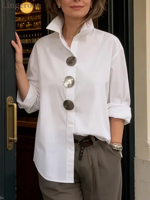 Elegant Stand-collar Metal Buttons Cotton Linen Blouse - White / S