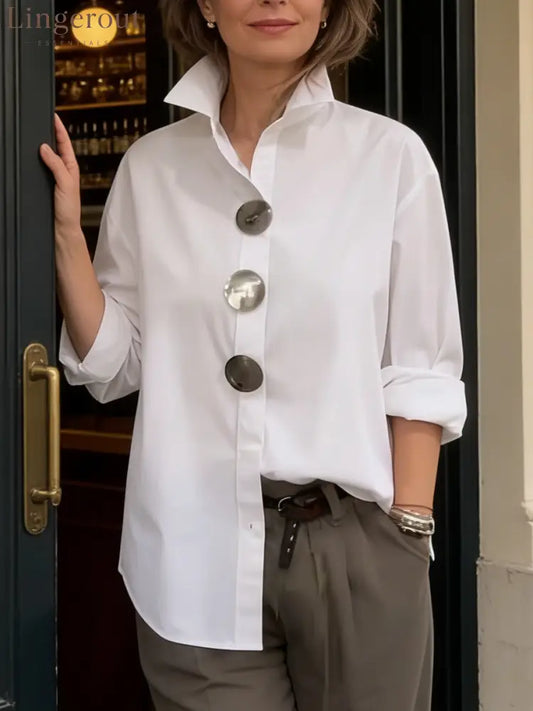 Elegant Stand-collar Metal Buttons Cotton Linen Blouse - White / S