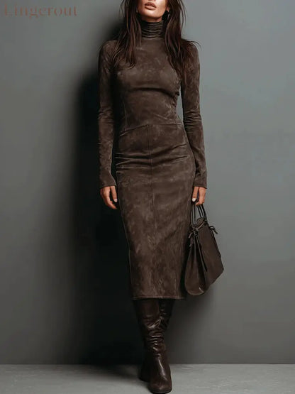 Elegant Suede Maxi Dress - Chocolate Brown / XS