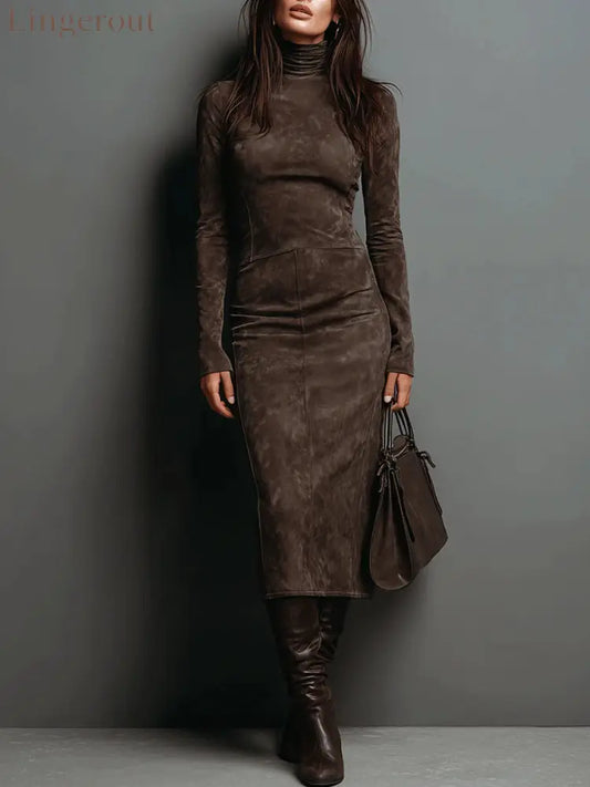 Elegant Suede Maxi Dress - Chocolate Brown / XS