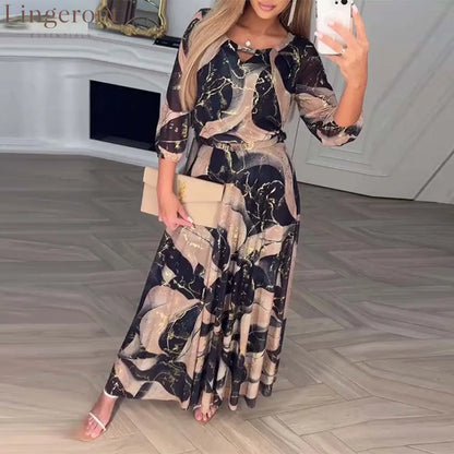 Elegant Three-Quarter Sleeve Printed Waist Dress