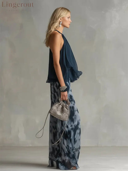 Elegant Urban Navy Blue Halter Neck Top And Printed Wide-leg Pants Chiffon Set